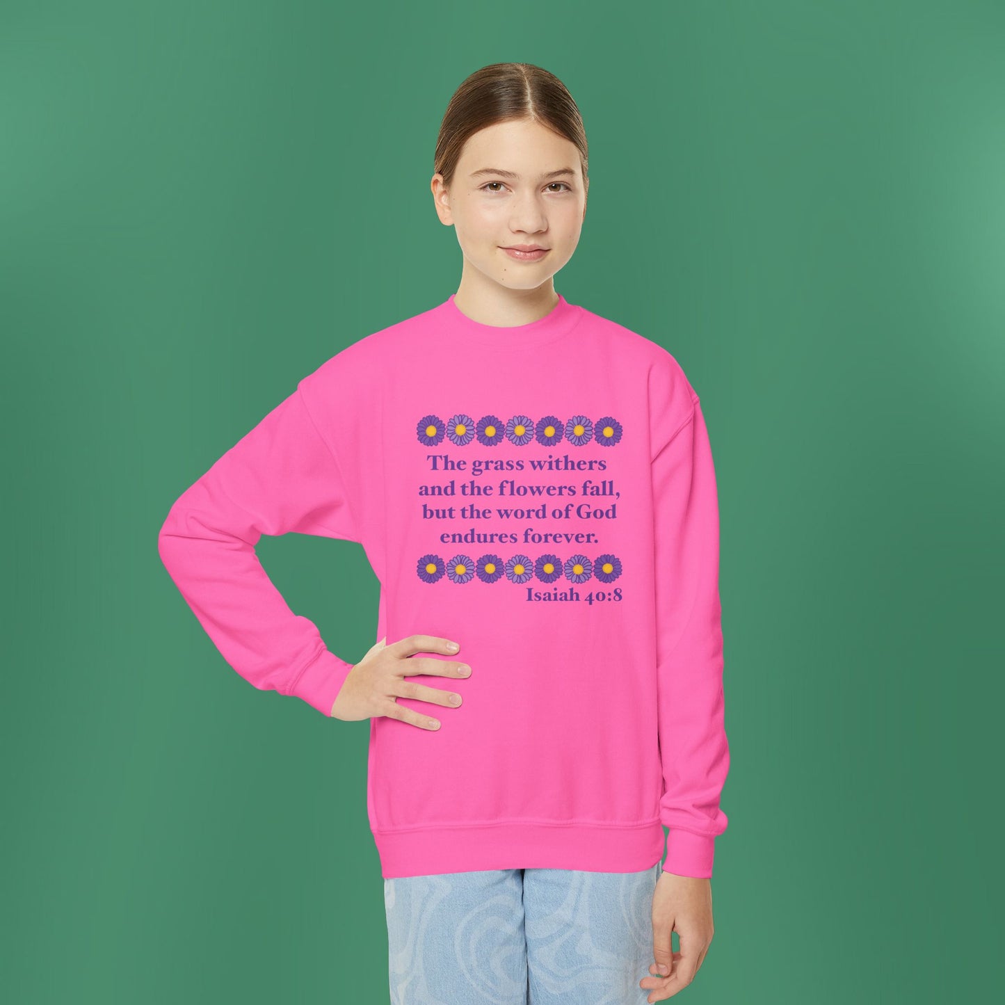 Isaiah 40:8 - Purple Daisy Girl's Crewneck Sweatshirt