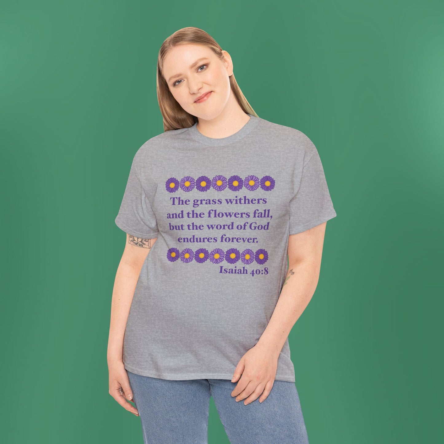 Isaiah 40:8 - Purple Daisy Cotton T-Shirt (Front Only)