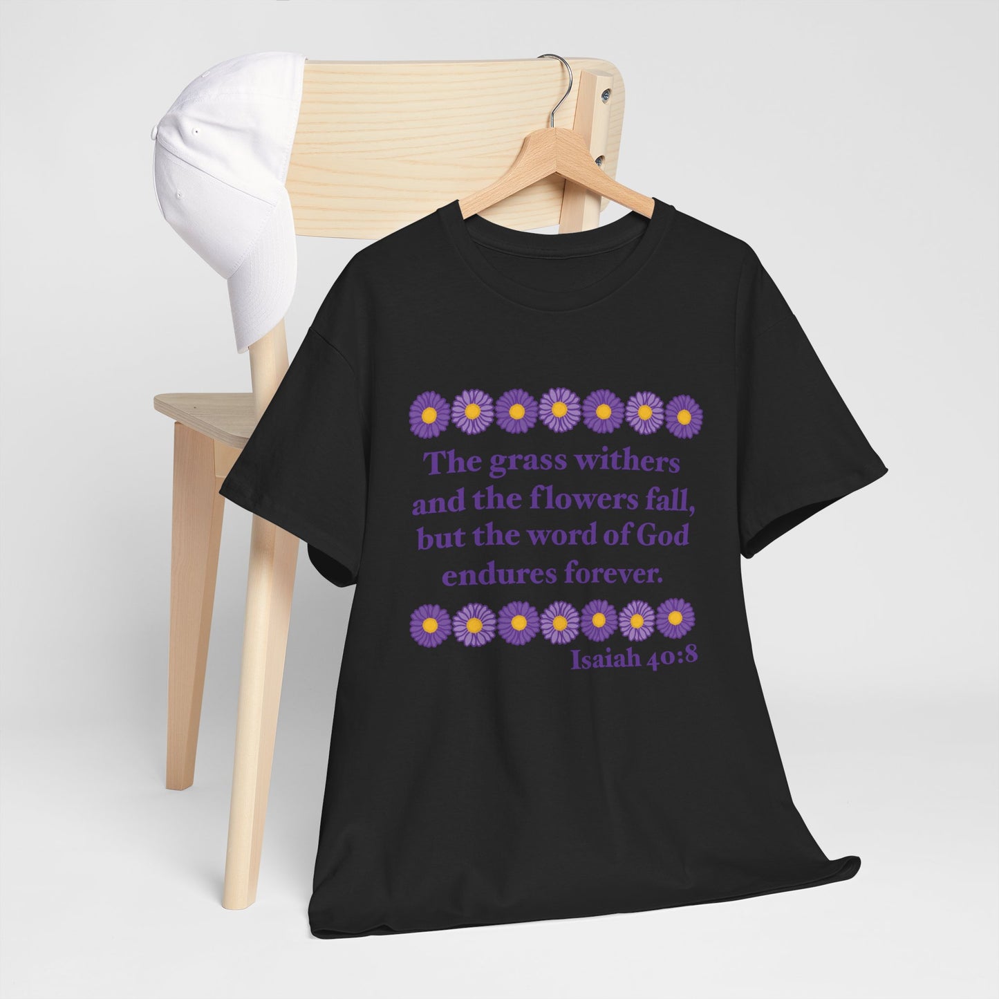 Isaiah 40:8 - Purple Daisy Cotton T-Shirt (Front Only)