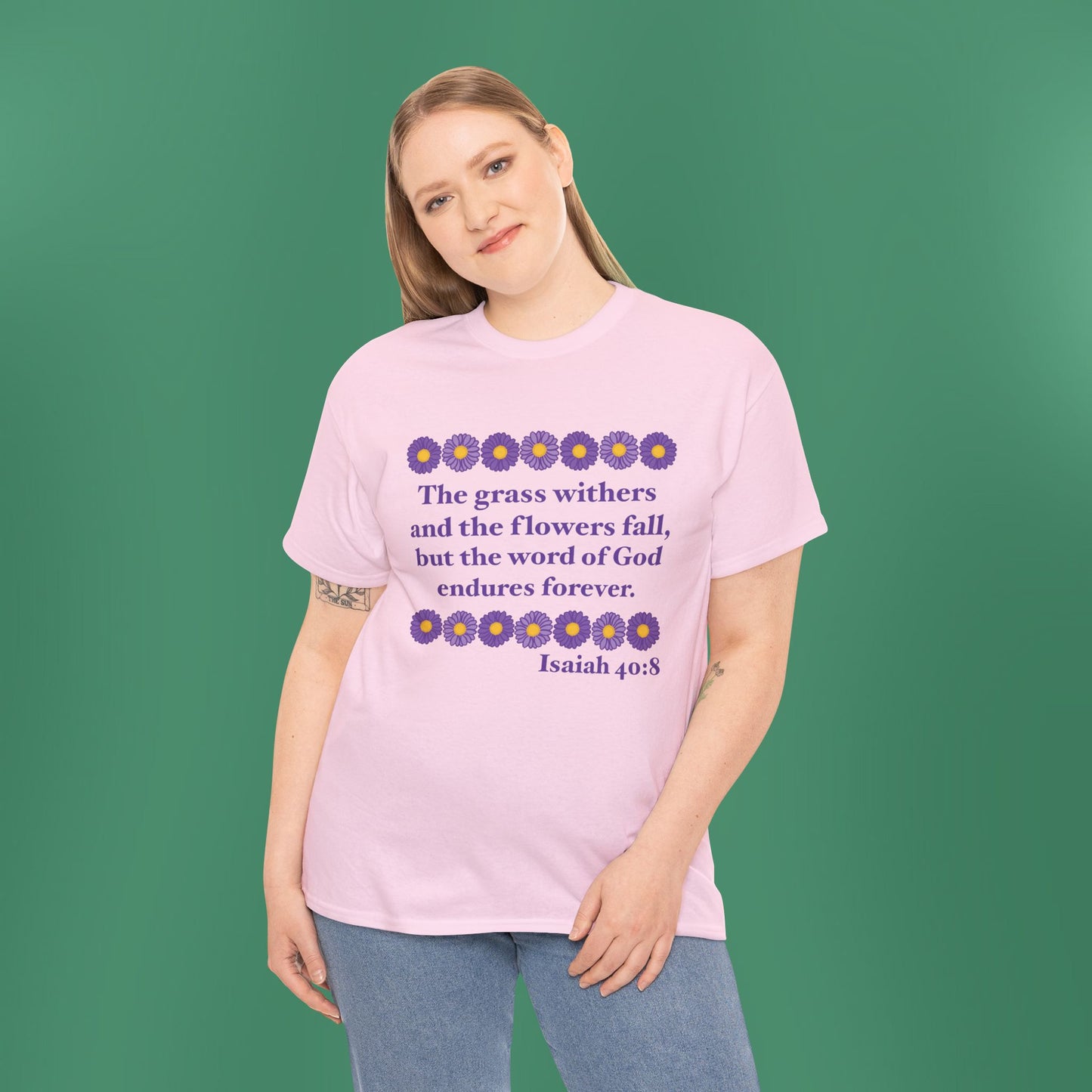 Isaiah 40:8 - Purple Daisy Cotton T-Shirt (Front Only)