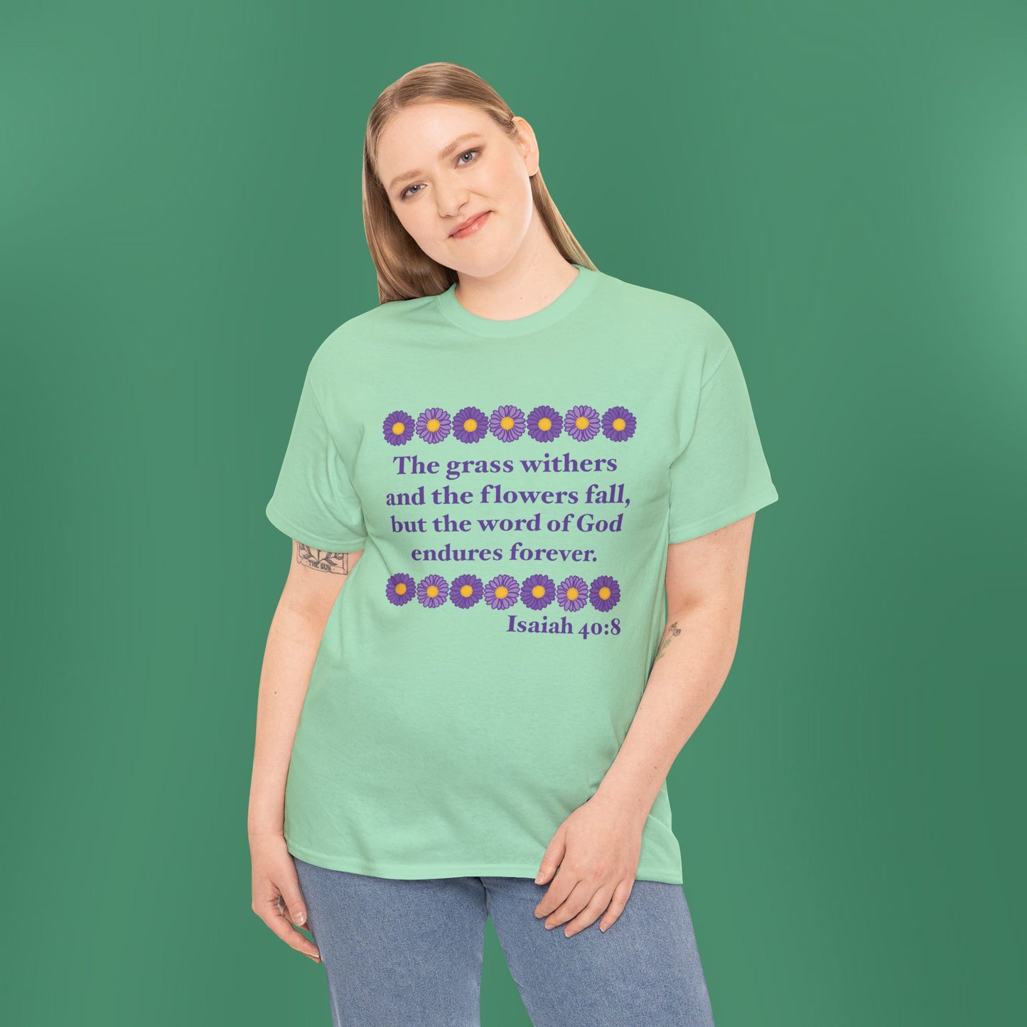 Isaiah 40:8 - Purple Daisy Cotton T-Shirt (Front Only)