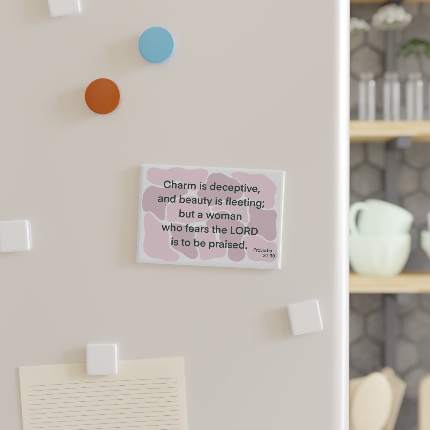 Proverbs 31:30 - Pink Rectangle Button Magnet