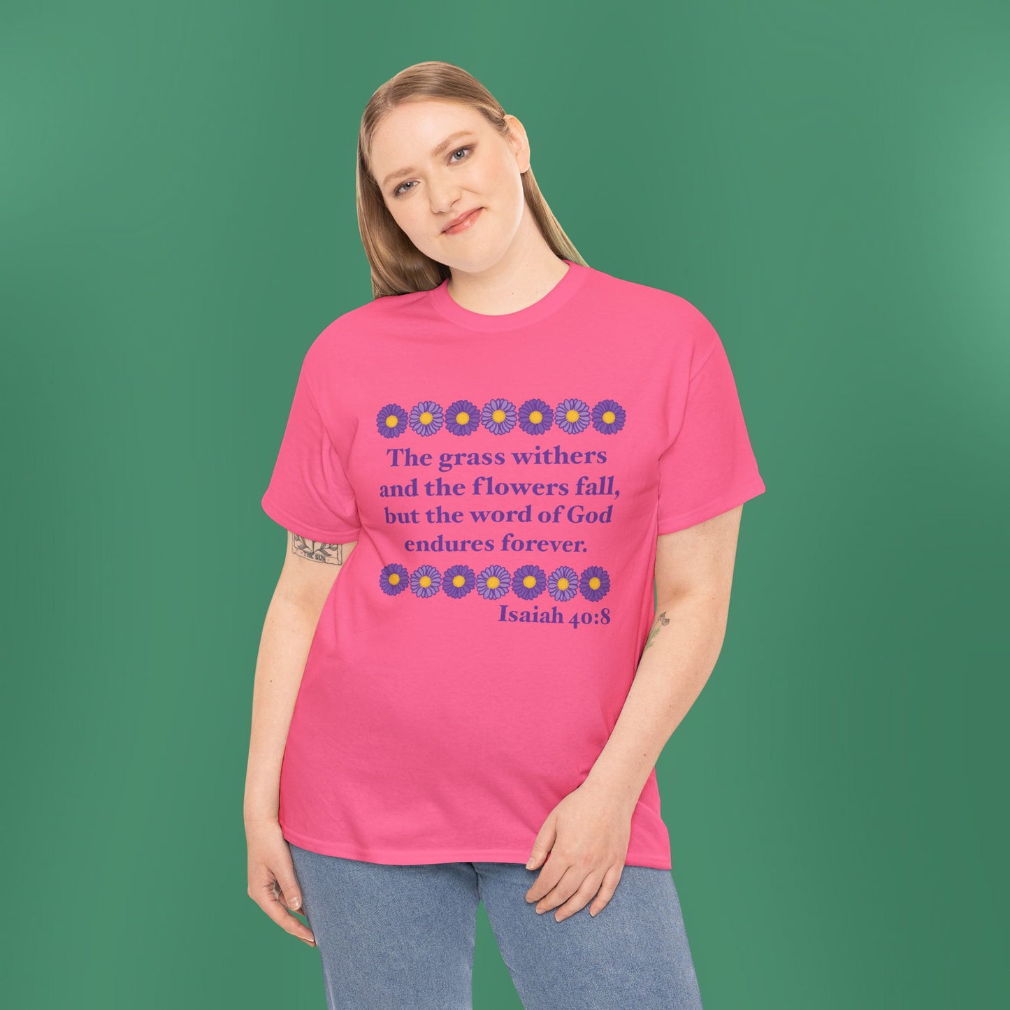 Isaiah 40:8 - Purple Daisy Cotton T-Shirt (Front Only)